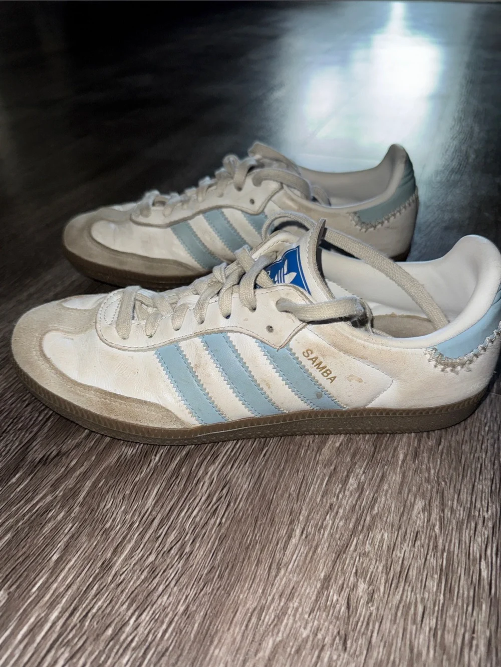 Adidas Boys White Sambas with Light Blue Stripes